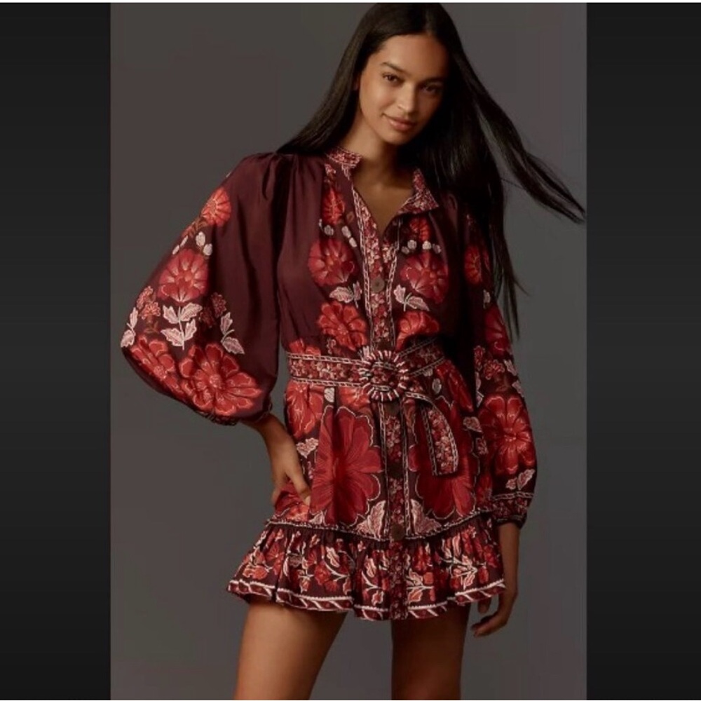 FARM Rio Burgundy Floral Mini Dress with Red and Pink Accents